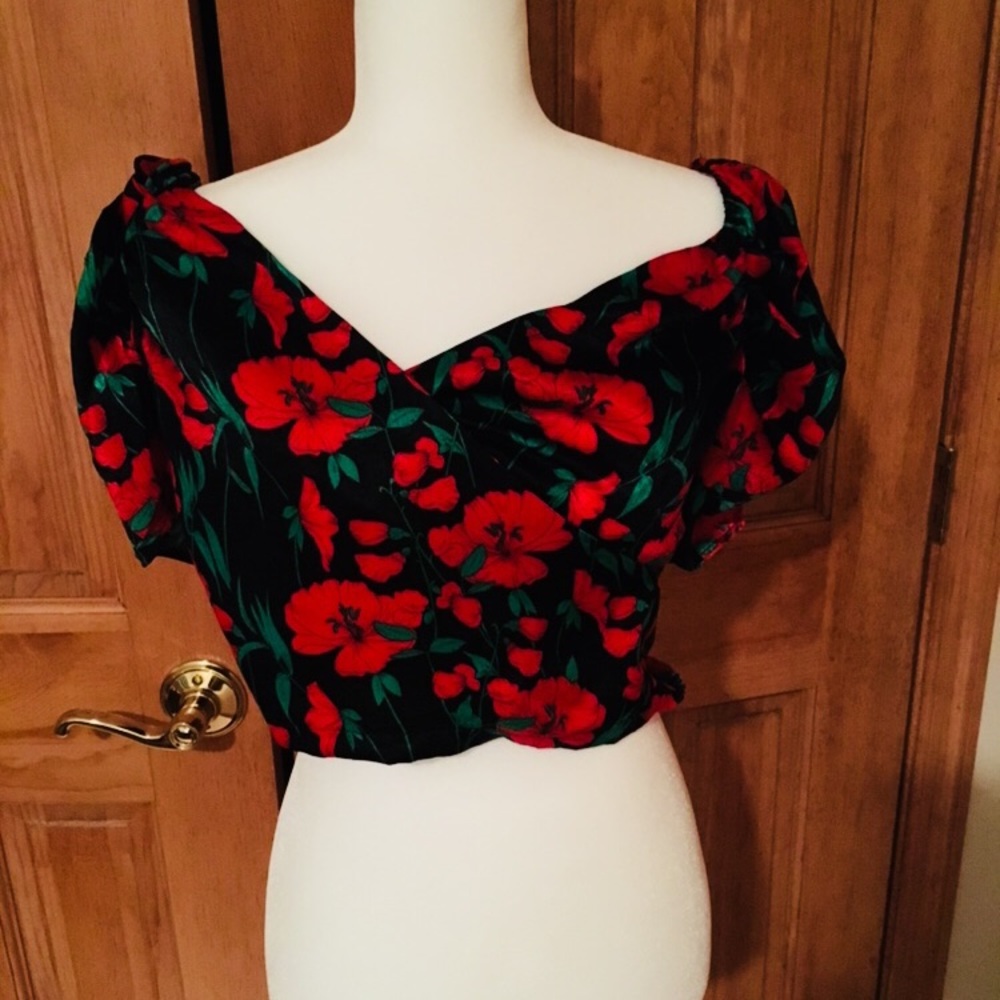 Forever 21 Red Rose Printed Satin Blouse